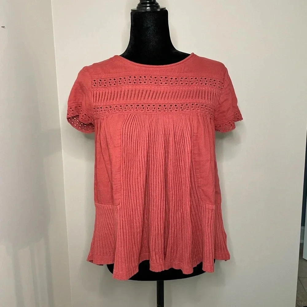 Meadow Rue Pink Short Sleeve‎ Top with Contrasting Fabrics